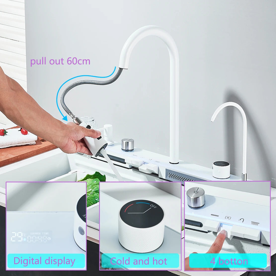 304 Stainless Steel Waterfall Kitchen Sink Large Single Slot Integrated Digital Display Faucet Set Soap Dispenser Cup Washer
