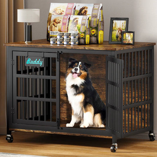 Heavy Duty Wooden Dog Crate Furniture Indoor Kennel With Casters