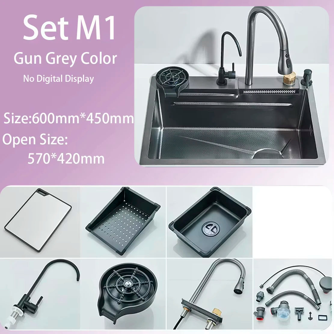 304 Stainless Steel Waterfall Kitchen Sink Large Single Slot Integrated Digital Display Faucet Set Soap Dispenser Cup Washer