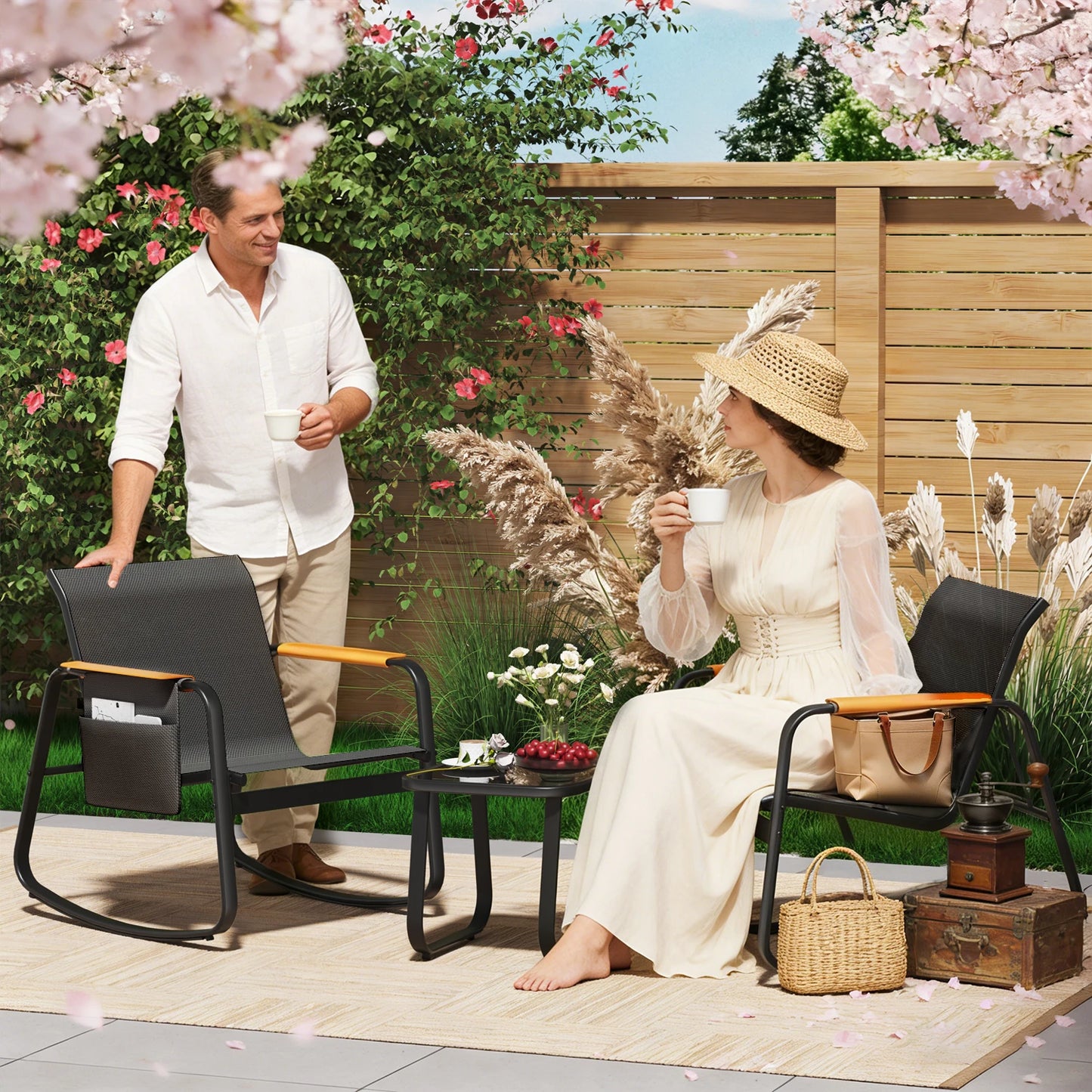 All Weather Bistro Set With Textilene Chairs And Glass Top
