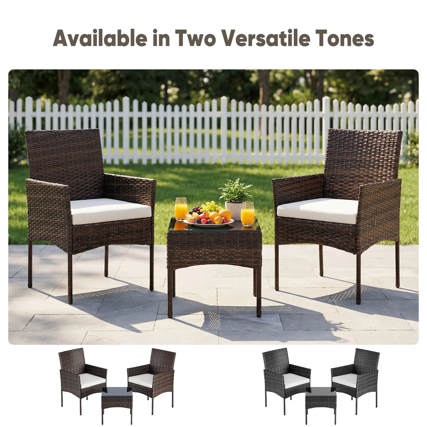 JHK Outdoor Wicker Bistro Set With Glass Table And Cushions