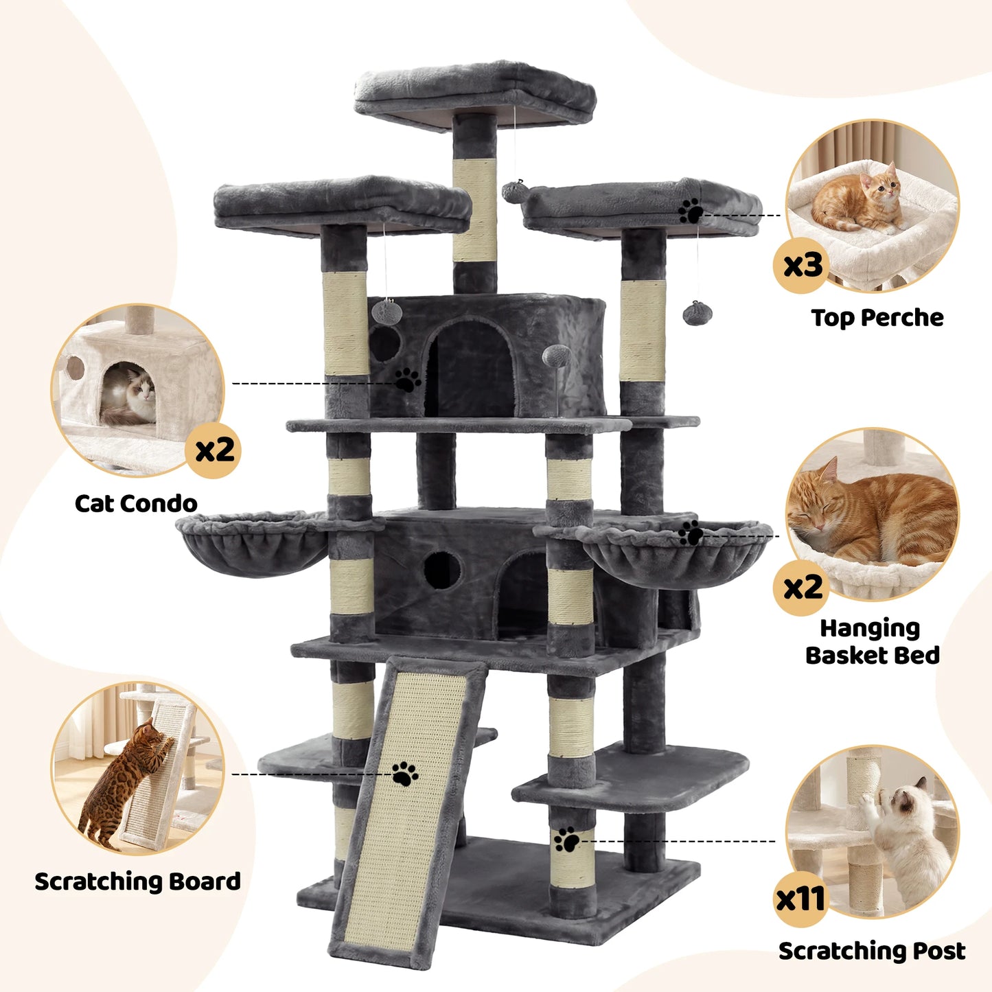 FOOWIN Indoor Cat Tree Tower With Plush Perches And Condos