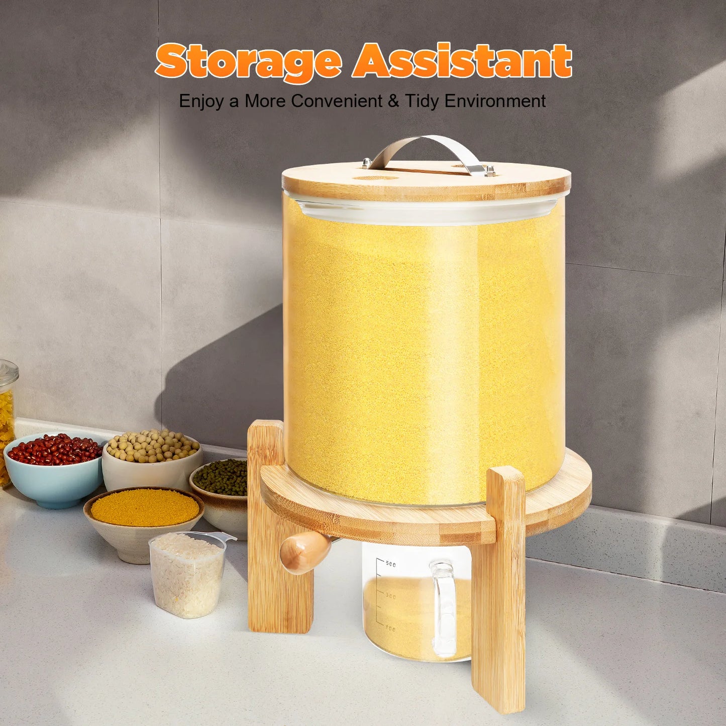 5L Clear Glass Cereal Dispenser, Cereal Storage Containers with Sealed Bamboo Lid for Rice Nuts Coffee Beans
