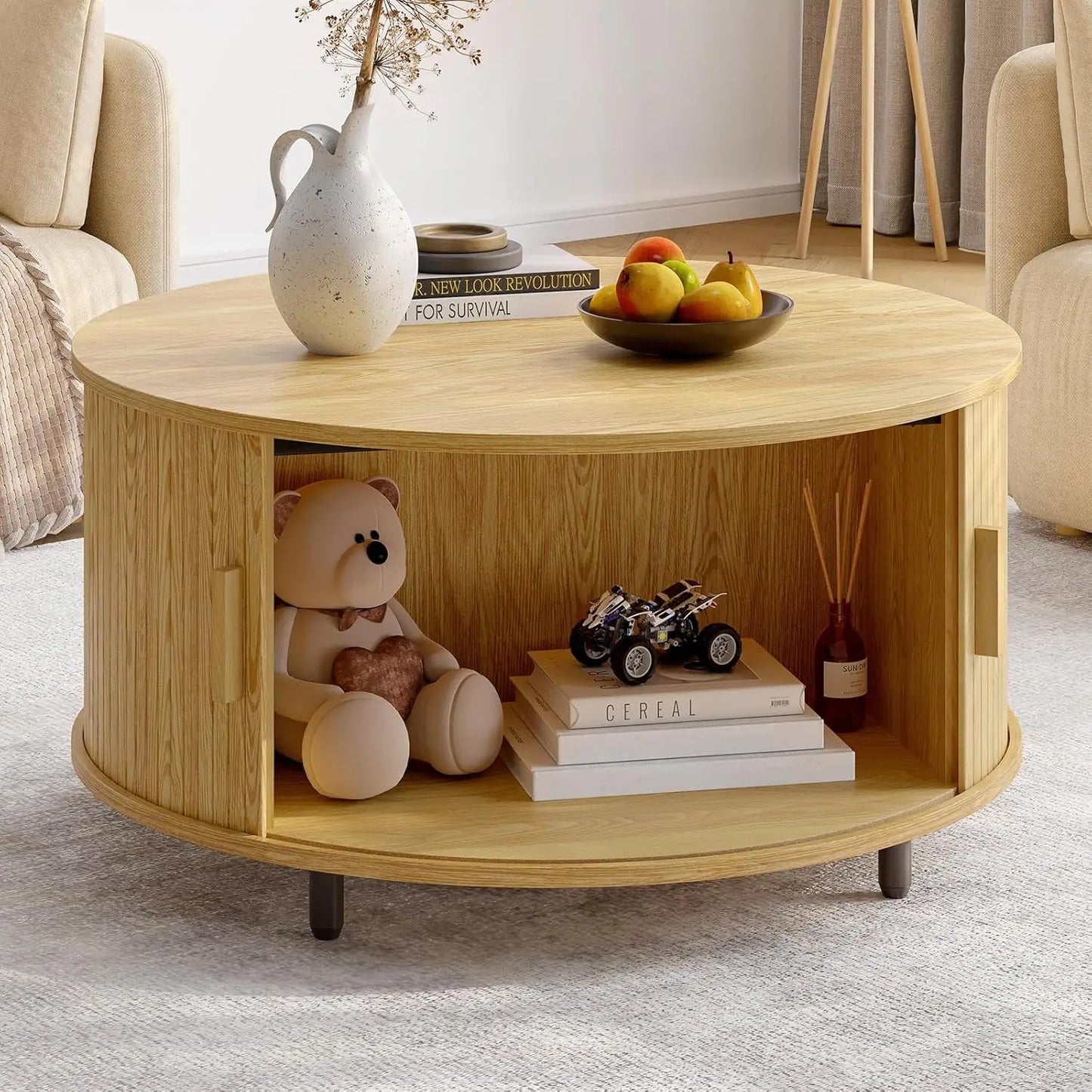 Onbrill Modern Fluted Round Coffee Table Featuring Sliding Storage Door