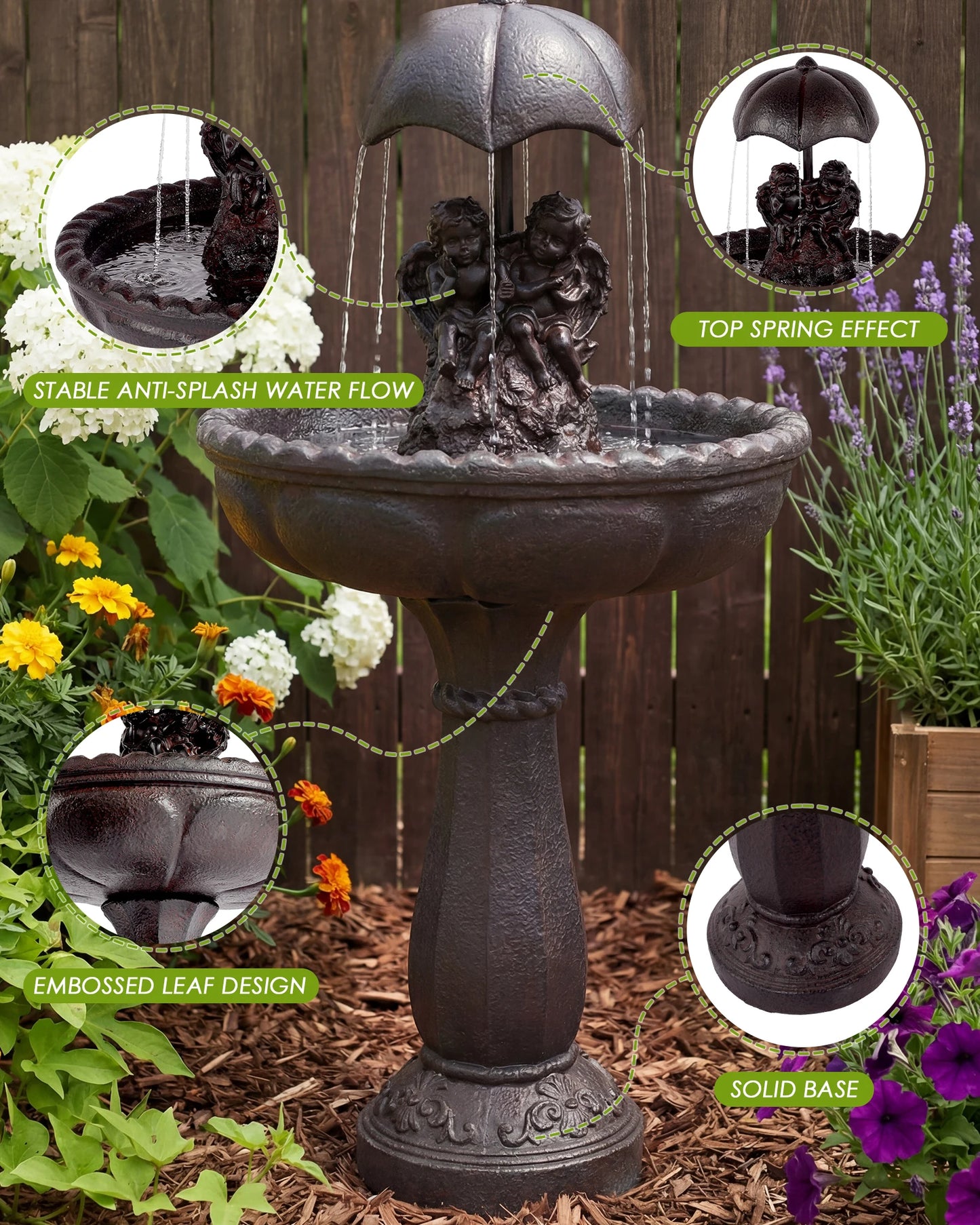 Solar Outdoor Water Fountain With Auto Shutoff And Silent Pump