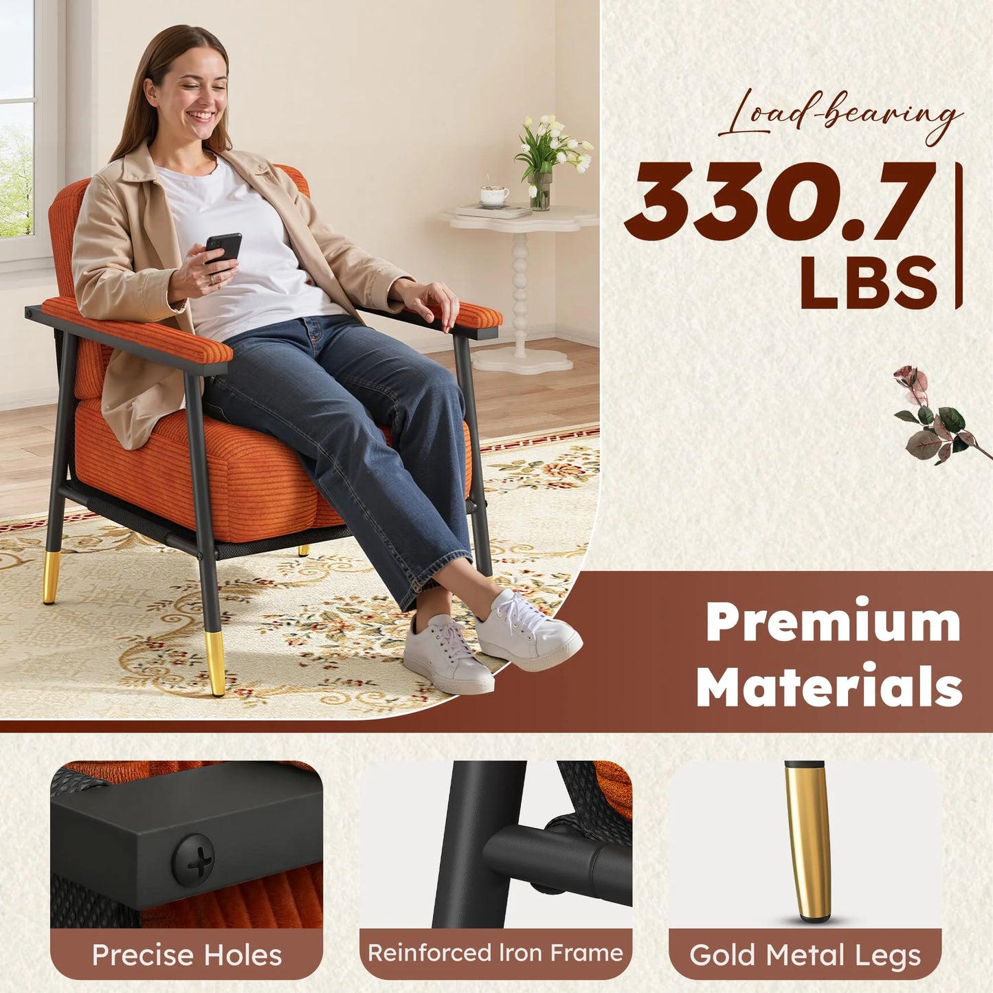 EnHomee Modern Upholstered Armchair With Thick Cushion And Metal Frame