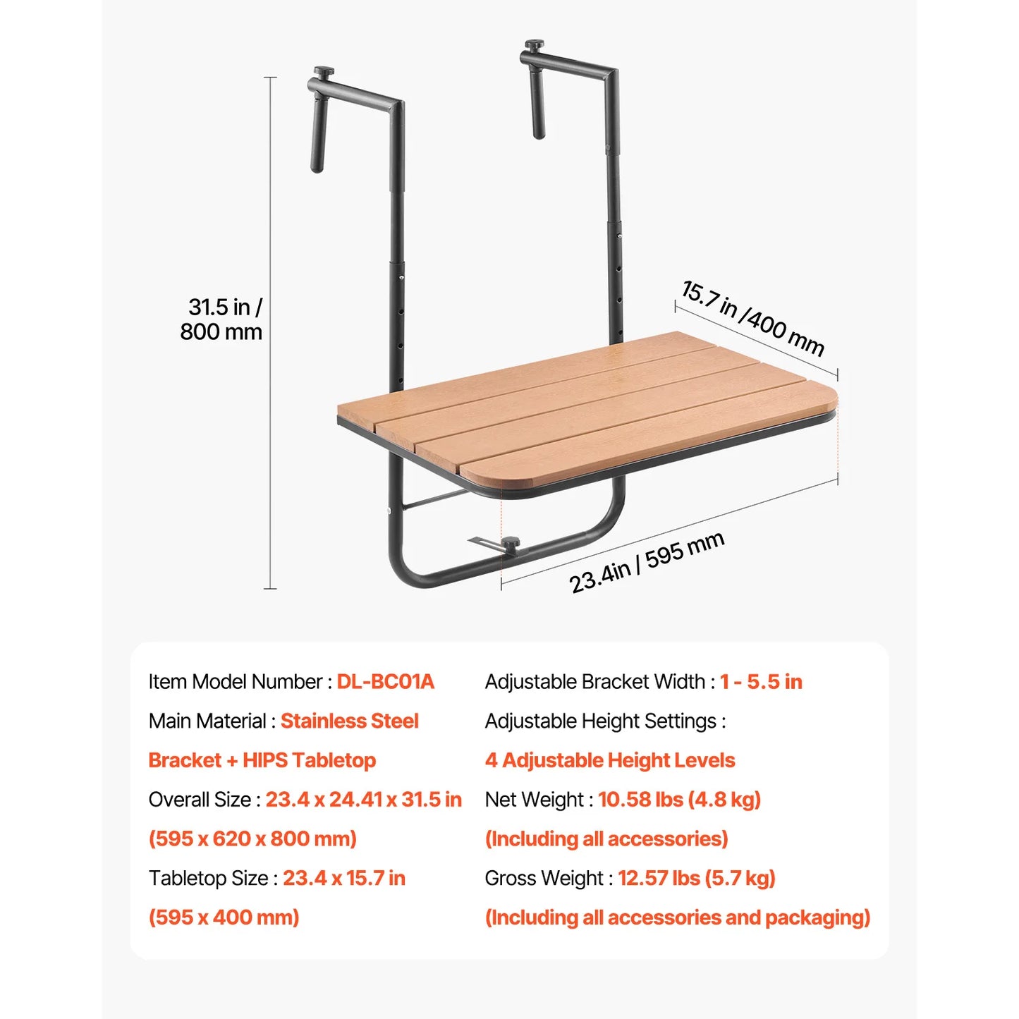 Foldable Balcony Railing Serving Table For Outdoor Use