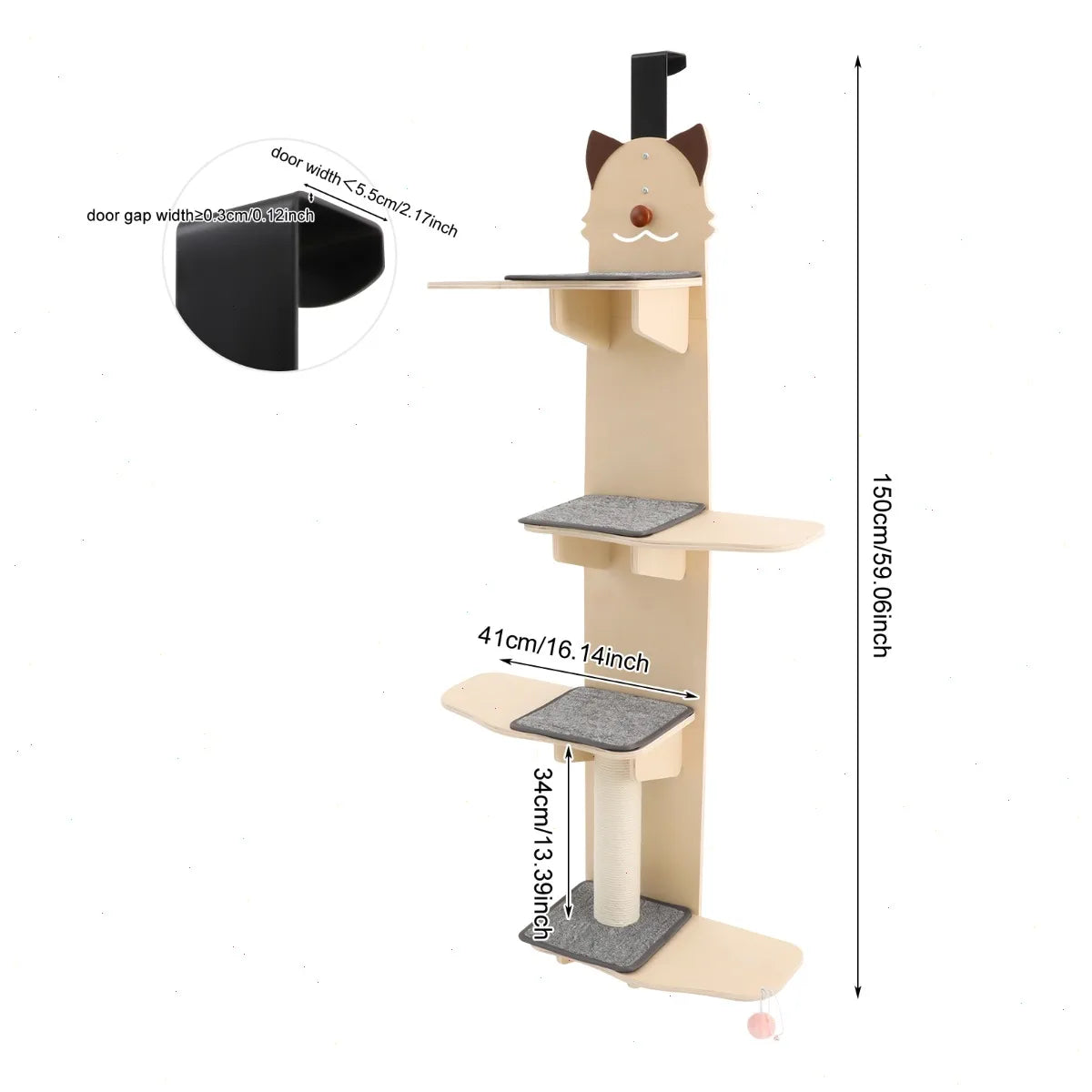 Door Hanging Cat Tree With Scratch Post And Teaser Ball