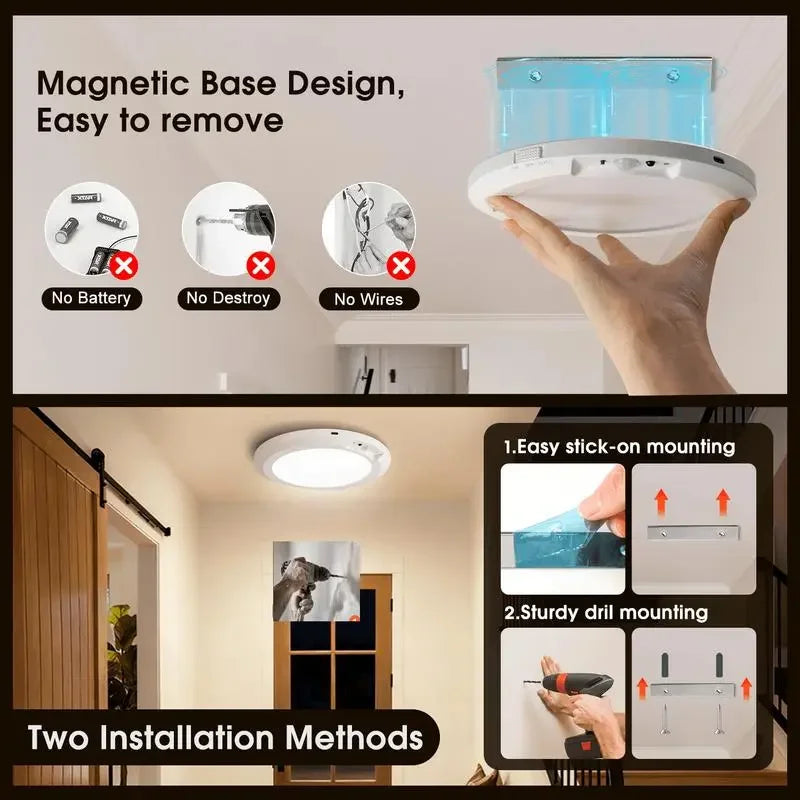 4/2Pack Rechargeable Sensor Ceiling Light with Remote Control, USB Charging, Magnetic Wireless Ceiling Light Battery Powered for Closet Shower Stairs Shed Hallway Porch Patio Ect