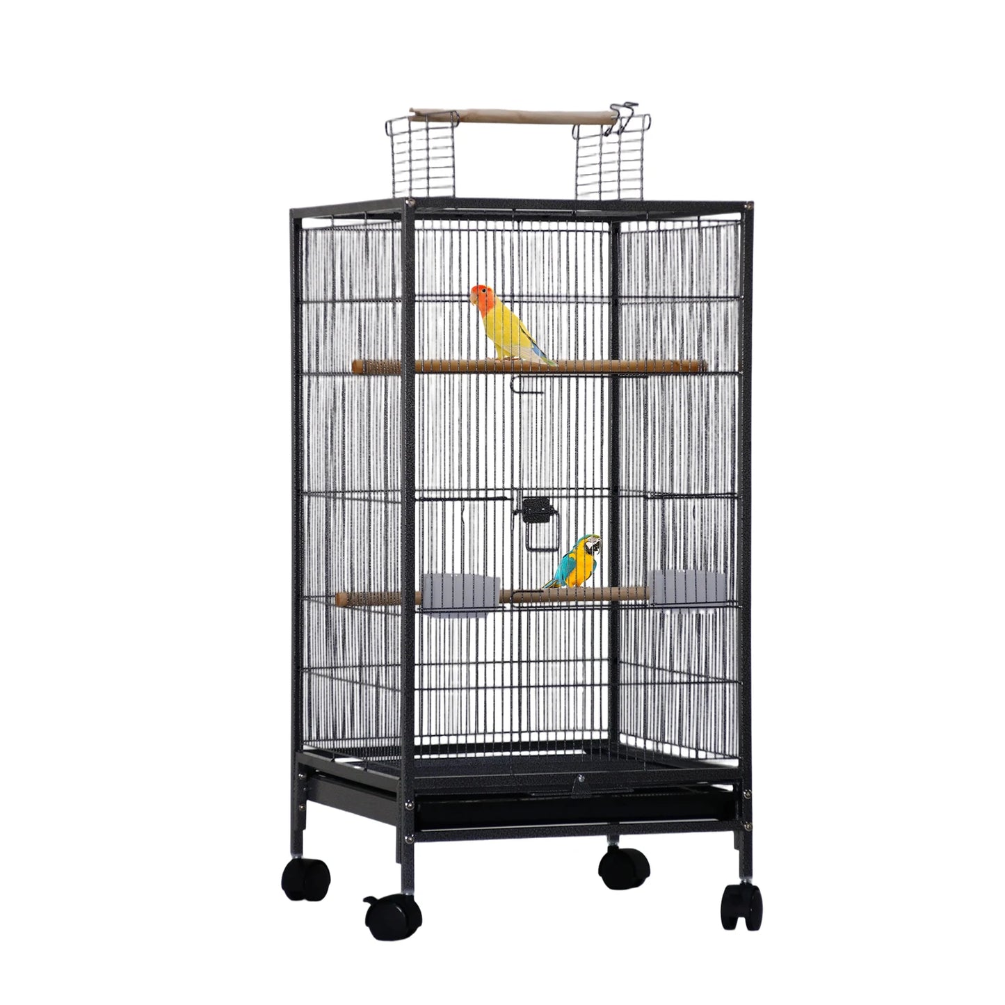 HiMiss Open Top Metal Bird Cage With Perches Wheels Tray
