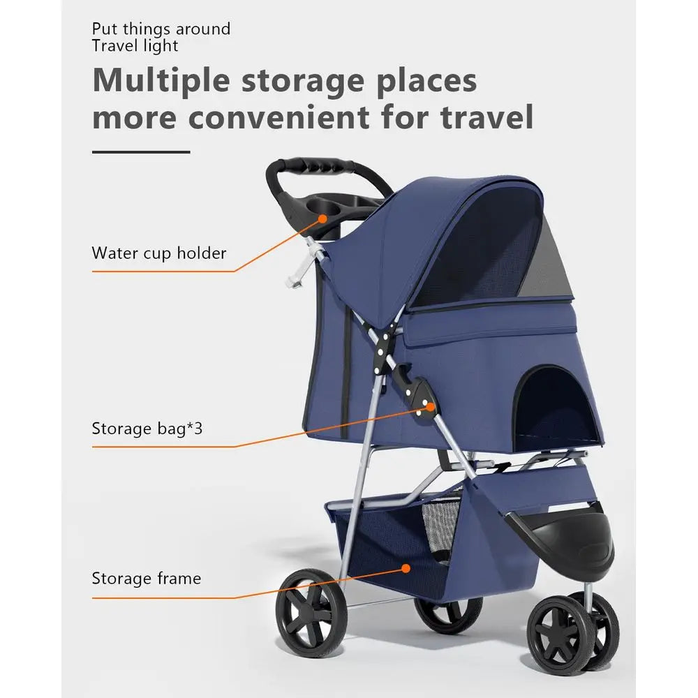 Three Wheel Foldable Pet Stroller With Rear Brakes And Storage
