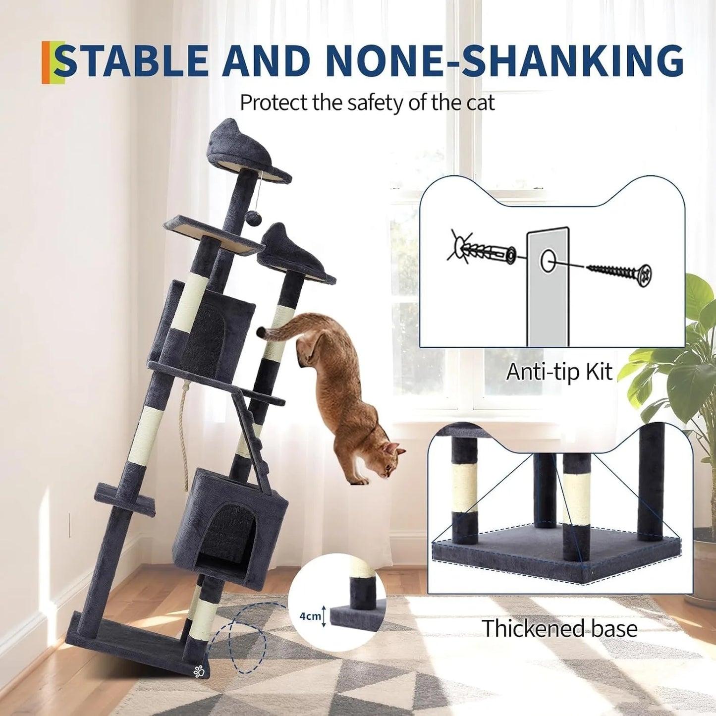Sturdy Multi Level Cat Tower With Sisal Scratching Posts Condos Hammock