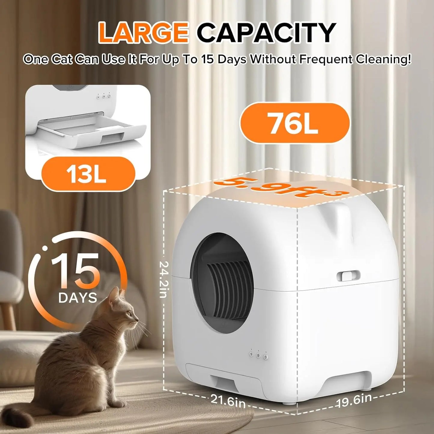 Self Cleaning Litter Box 76L Automatic Multiple Cats, App Controlled