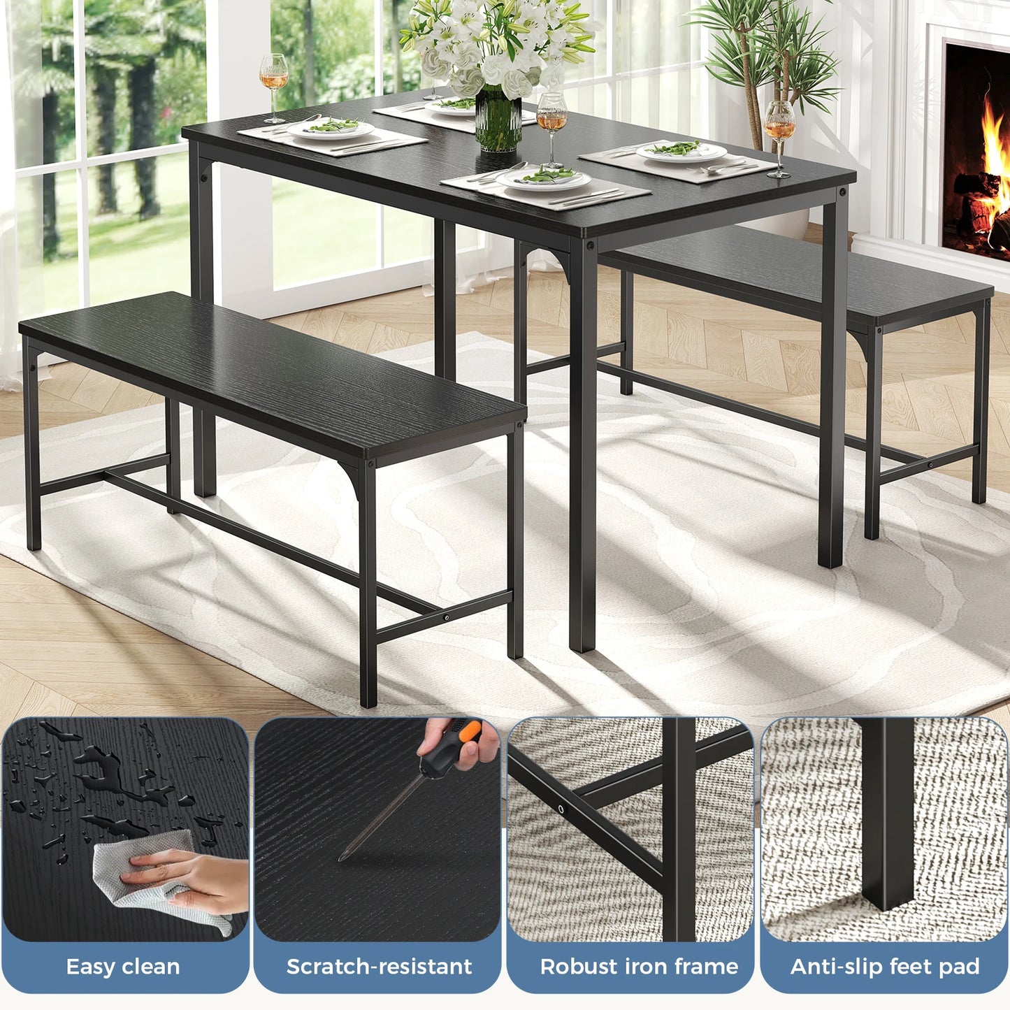 JHK 3Pcs Table and Chair Set Wooden Desktop with Metal Frame for Easy Storage Space-Saving Ideal 4-Person Set for Living Room Kitchen Apartment Corner