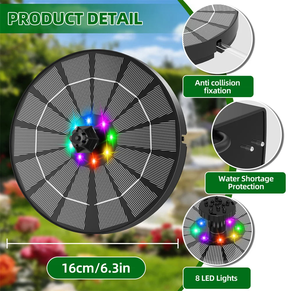 Solar Powered Fountain With 6 Nozzles Led Lights Garden Birds