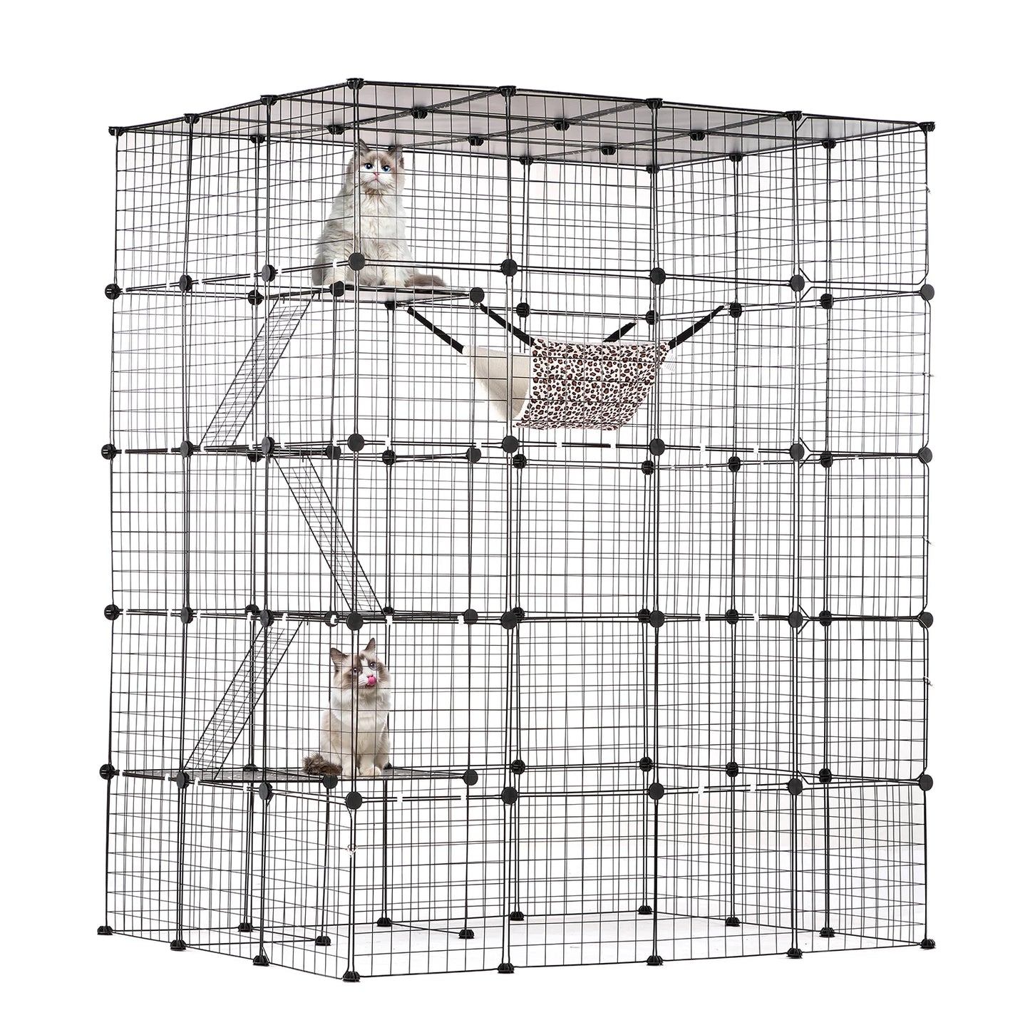 SucceBuy Multi Tier Stainless Steel Cat Villa Detachable Wire Cage With Ramp