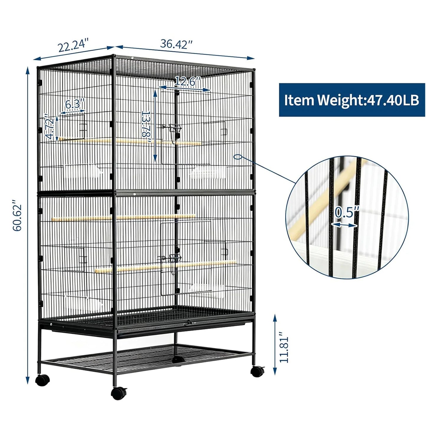 HiMISS Large Bird Cage With Rolling Stands And Bowls