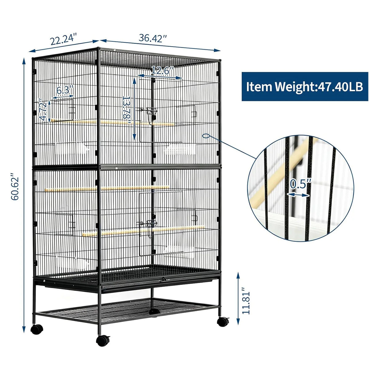 HiMISS Large Bird Cage With Rolling Storage Stand And Bowls