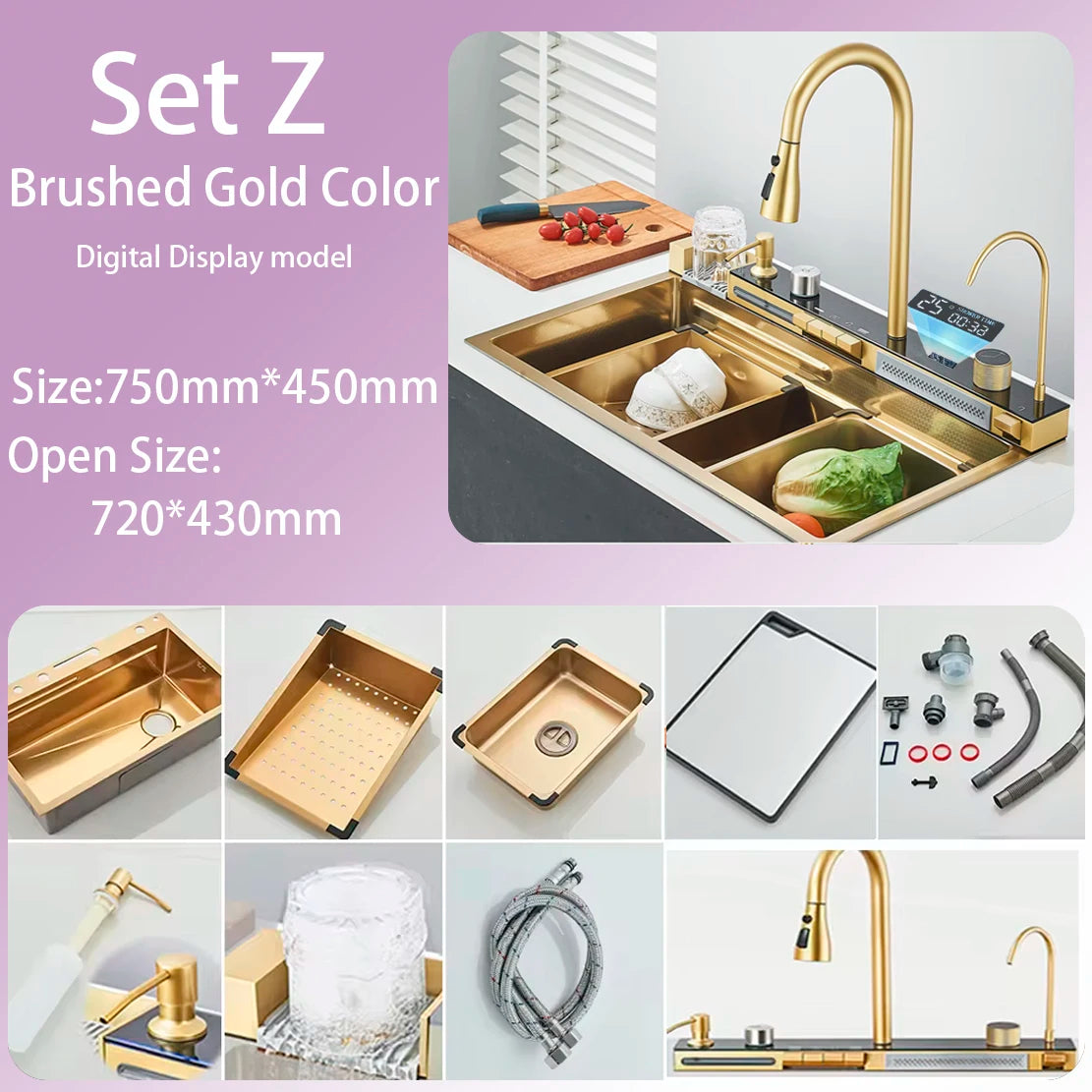 304 Stainless Steel Waterfall Kitchen Sink Large Single Slot Integrated Digital Display Faucet Set Soap Dispenser Cup Washer