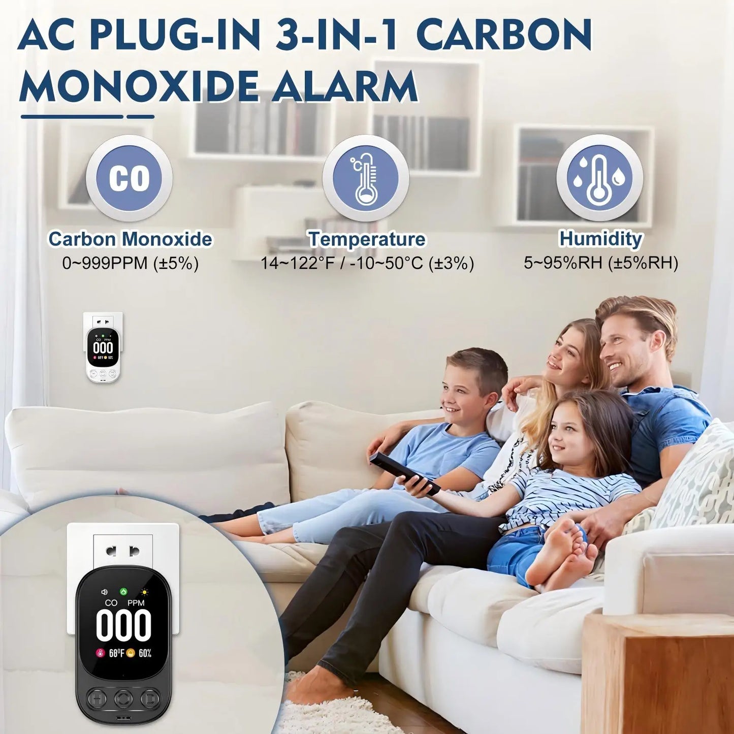 Carbon Monoxide Detectors Plug in, 3-in-1 CO Detector with Temp/Hum Sensor, Portable Travel Carbon Monoxide Alarm with 85dB Alarm, Real-Time CO Monitor Easy to Read & Install (Black-1 Pack)