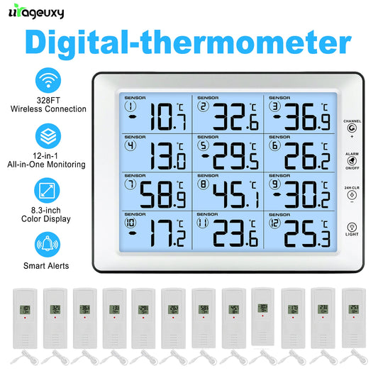 12 Sensor Wireless Thermometer 100m Range 8.3" Color HD Display Smart Alarm for Temperature Monitor for Home Cold Cha
