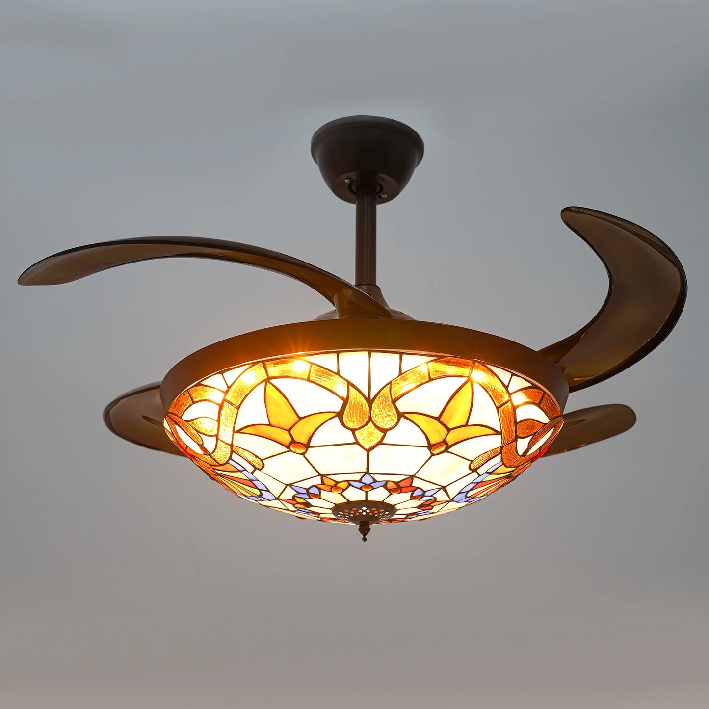 Ceiling Fan, 42 Inch Ceiling Fans, Fan Chandelier, Tiffany Style LED Ceiling Fan Light, Remote Control, 3-Color Dimmable, 6 Speeds, Reversible Quiet Pure Copper Motor, ABS Blades, Brown, Adjustable Rod, Home Living Room Bedro