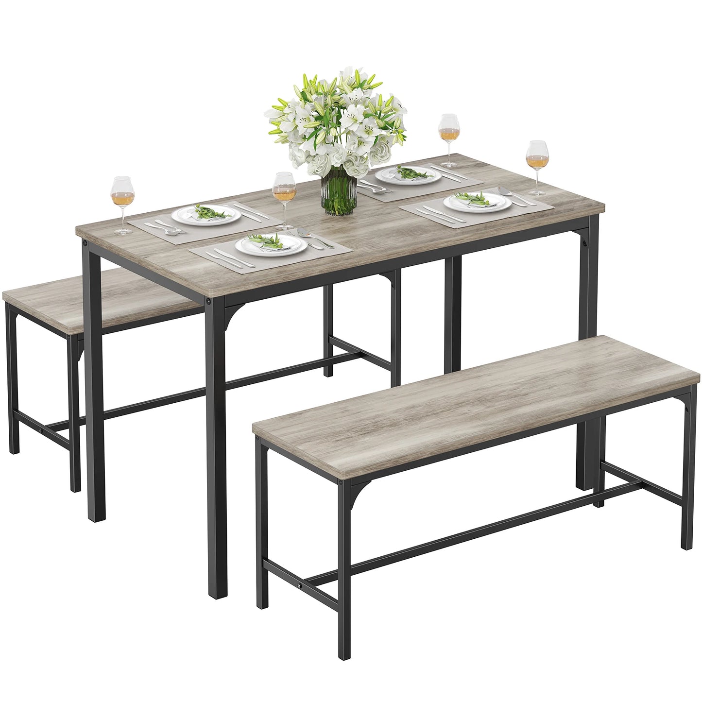 JHK 3Pcs Table and Chair Set Wooden Desktop with Metal Frame for Easy Storage Space-Saving Ideal 4-Person Set for Living Room Kitchen Apartment Corner