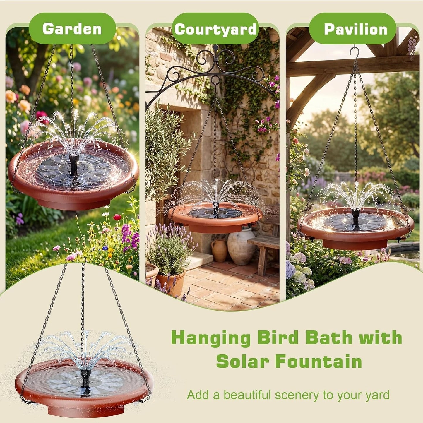 Solar Hanging Bird Bath With Quiet Water Fountain And Steps