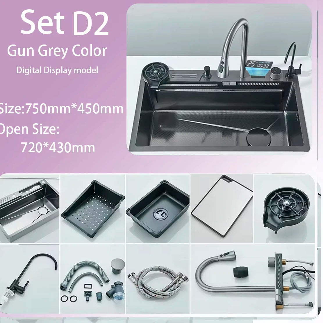 304 Stainless Steel Waterfall Kitchen Sink Large Single Slot Integrated Digital Display Faucet Set Soap Dispenser Cup Washer
