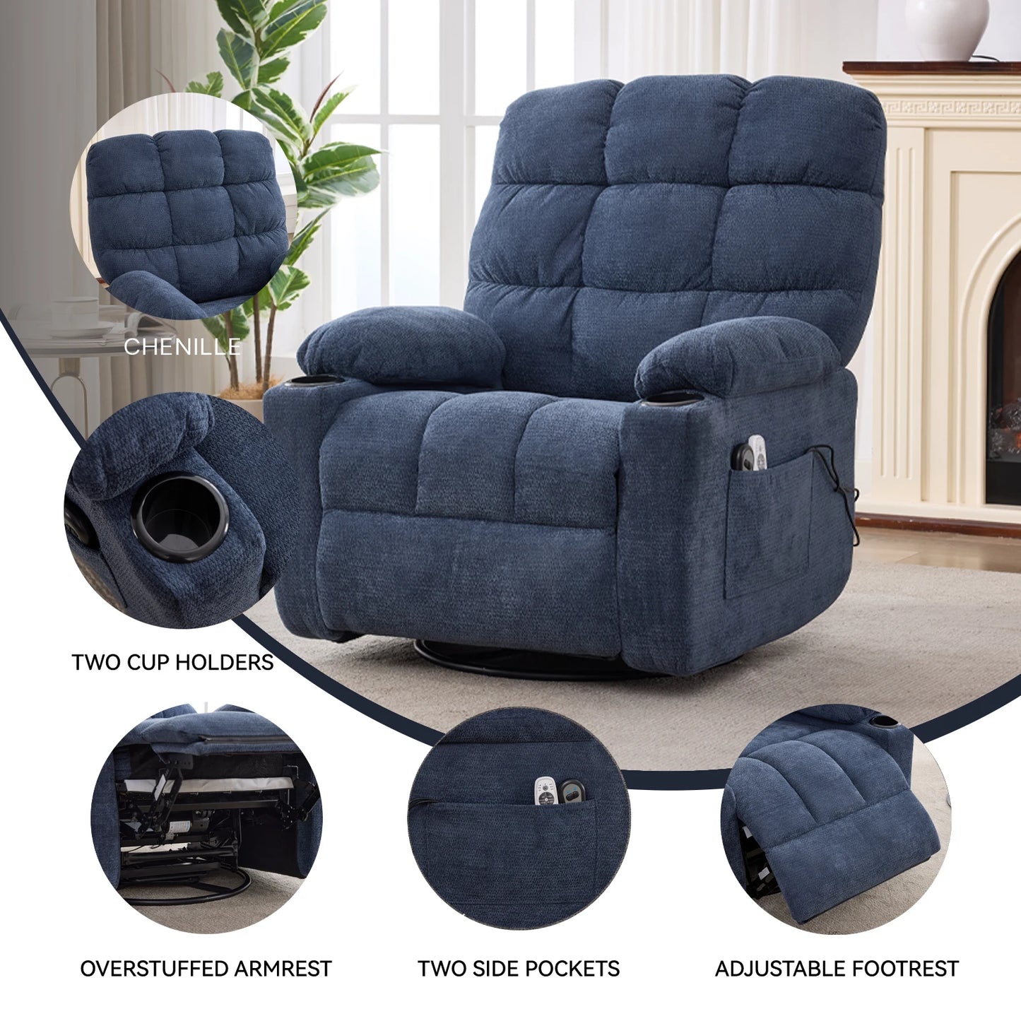 Metal Rocking Recliner Chair With Massage Heat And Cup Holders