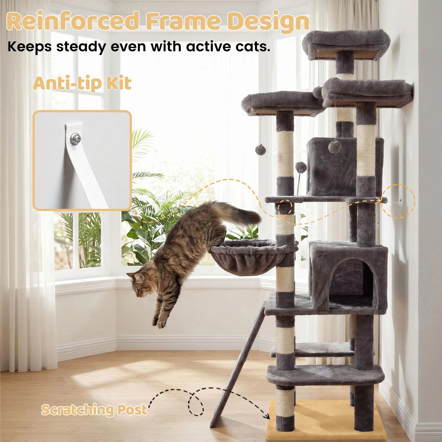 FOOWIN Indoor Cat Tree Tower With Plush Perches And Condos