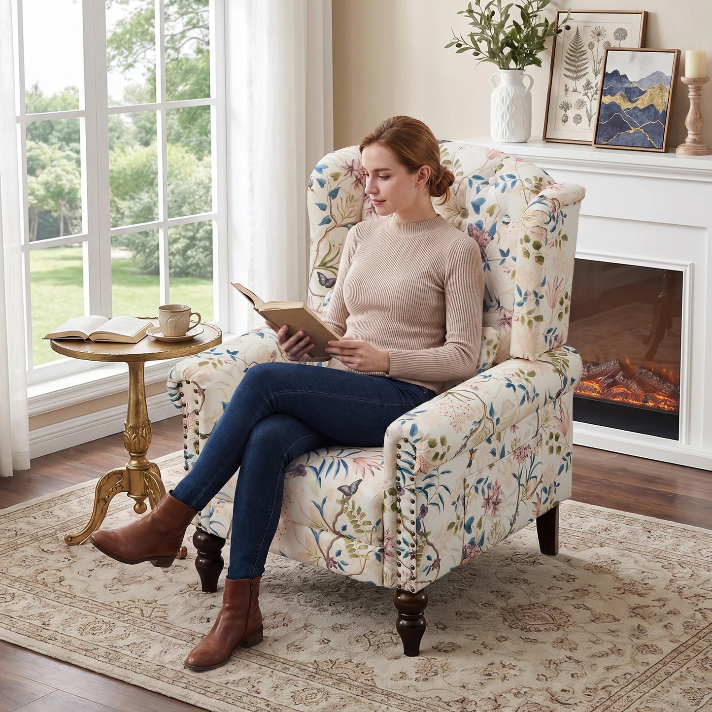 TCGBKAF Vintage Floral Wingback Accent Chair Mid Century Modern Armchair