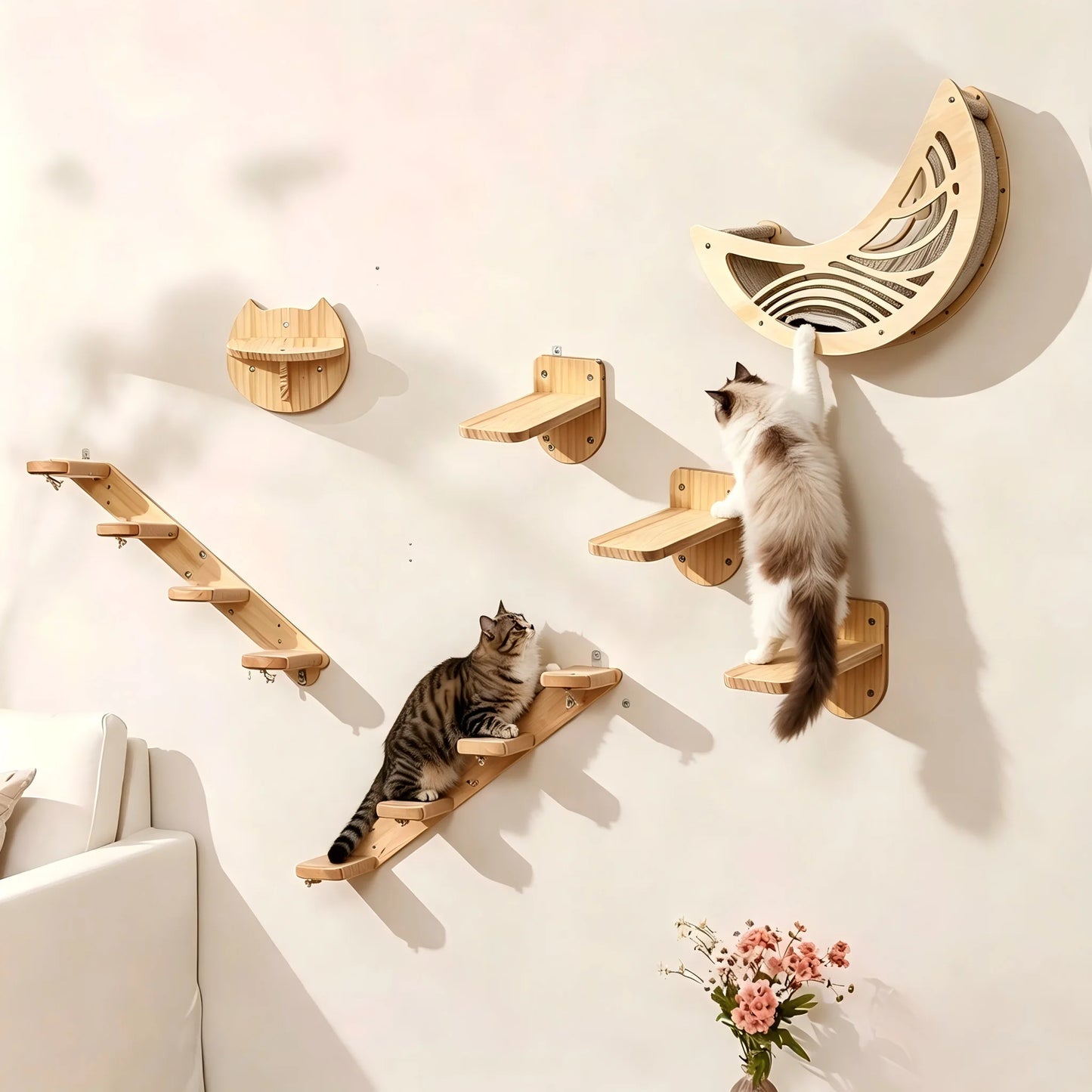 CWV Wall Mounted Cat Shelves Pine Wood Moon Star Platform