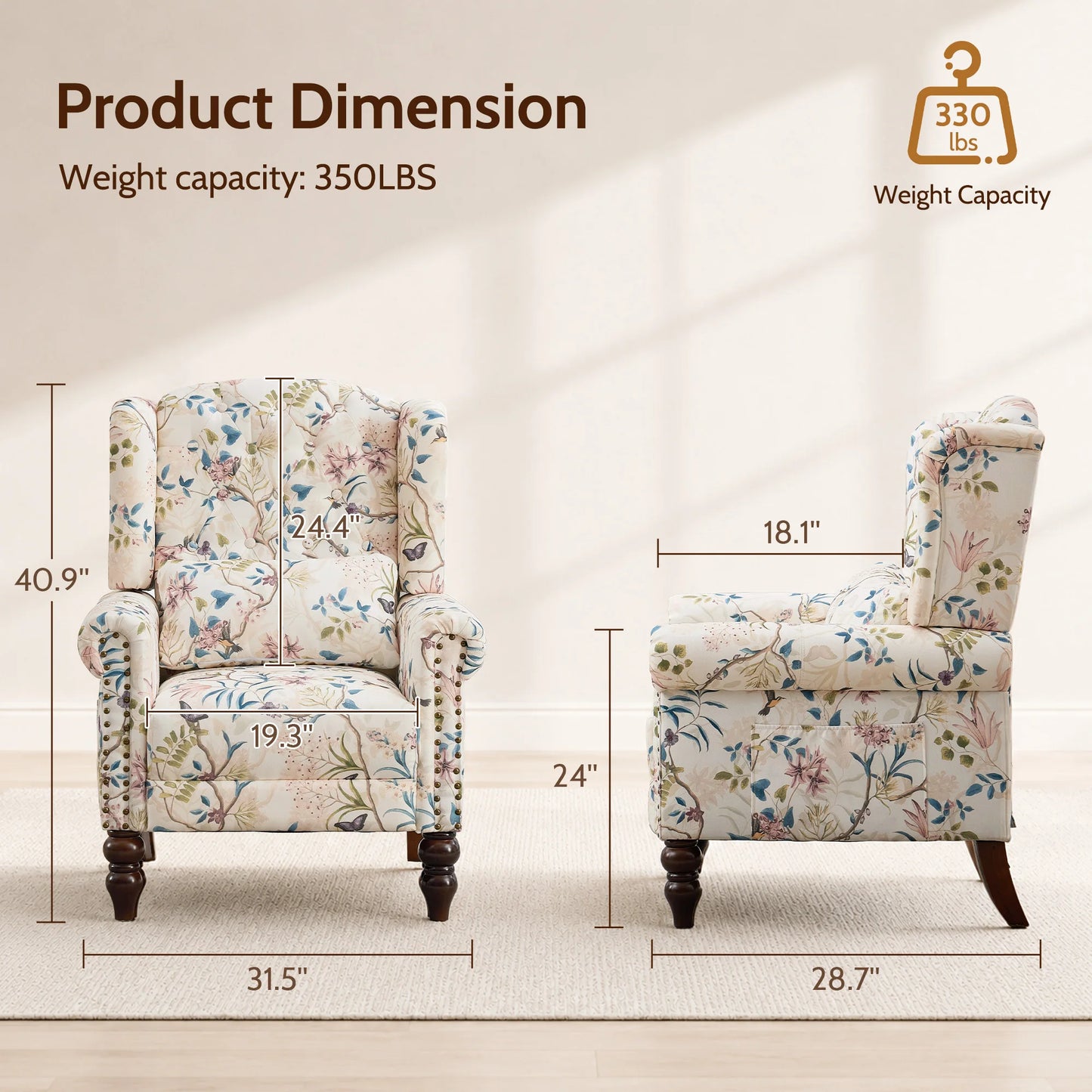 TCGBKAF Vintage Floral Wingback Club Chair Mid Century Modern Upholstered