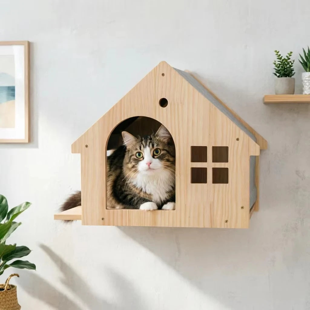 Wooden Wall Mount Cat Climbing Villa Floating Shelf