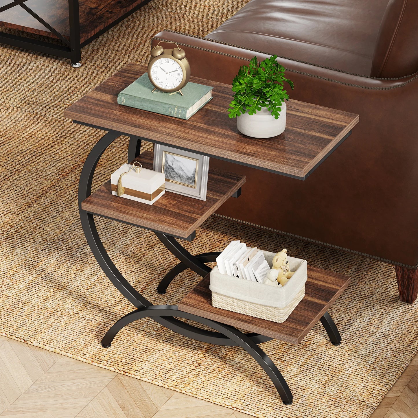 Tribesigns C-Shaped Side Table With Open Storage Shelving Unit