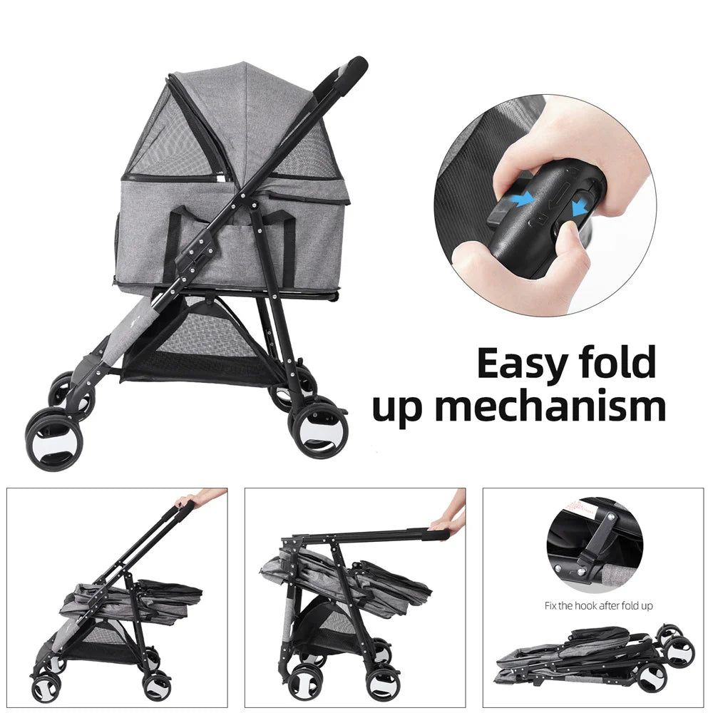 Foldable Pet Stroller With Storage Basket And Rain Cover