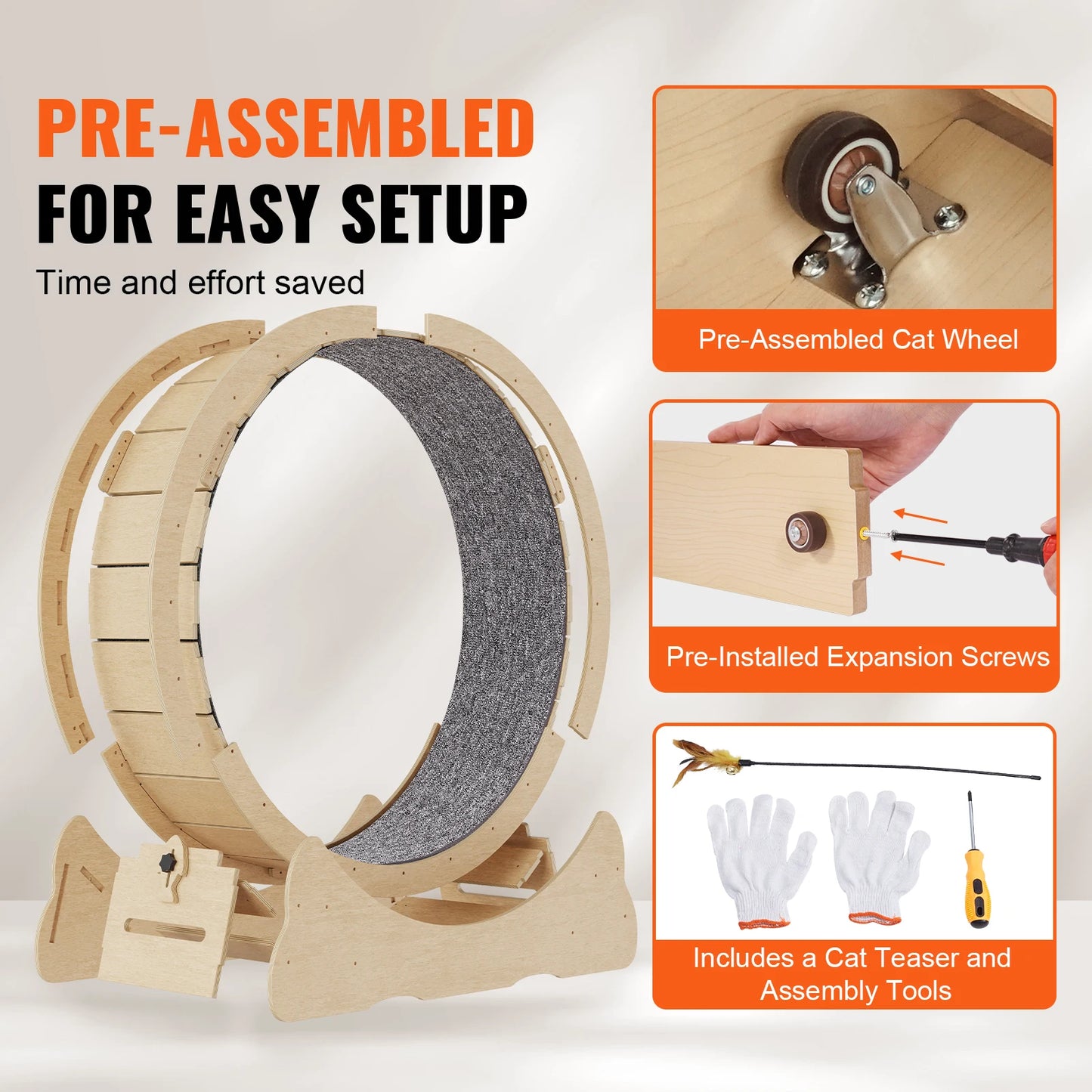 Premium Wooden Cat Exercise Wheel With Carpet And Toy