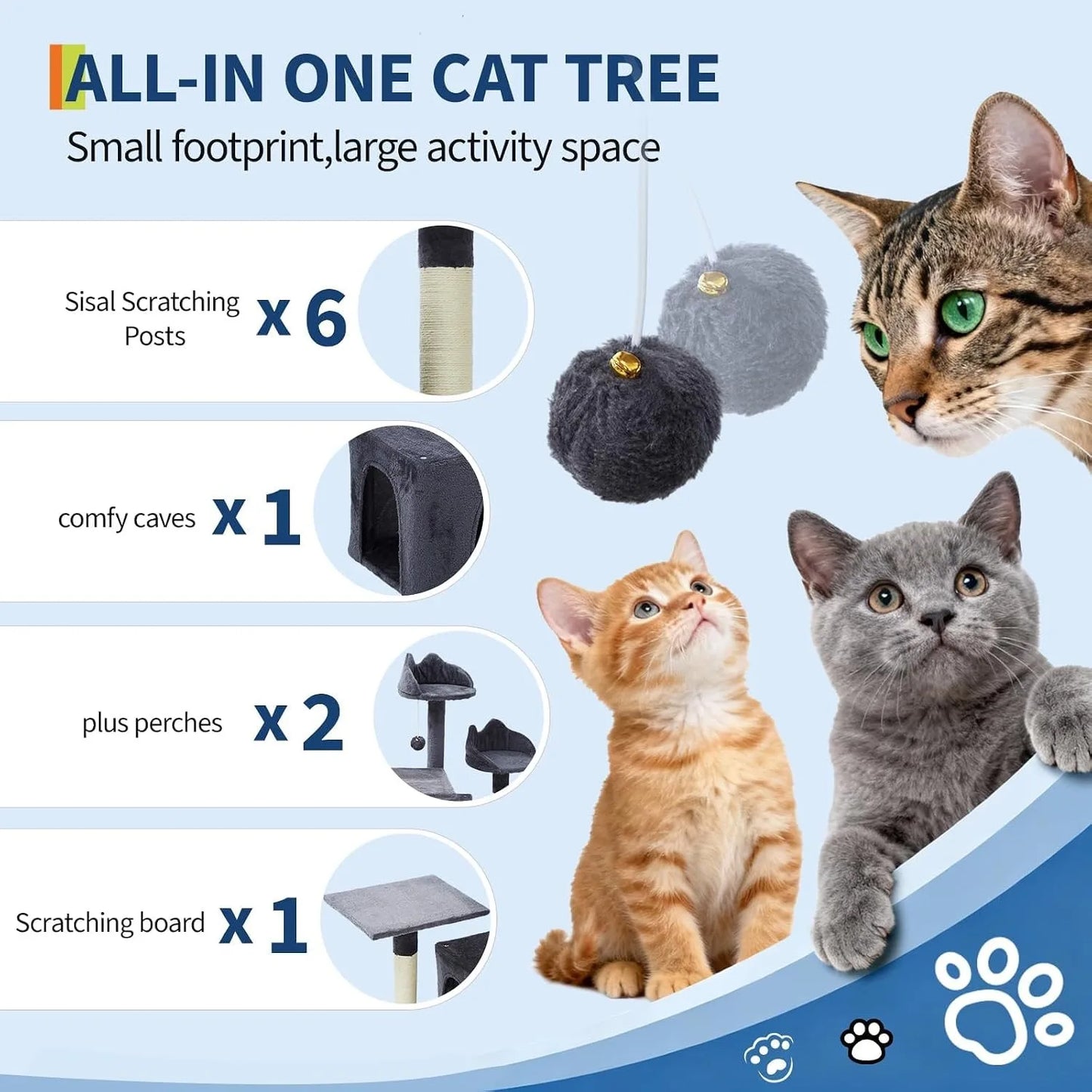Sturdy Multi Level Cat Tower With Sisal Scratching Posts Condos Hammock