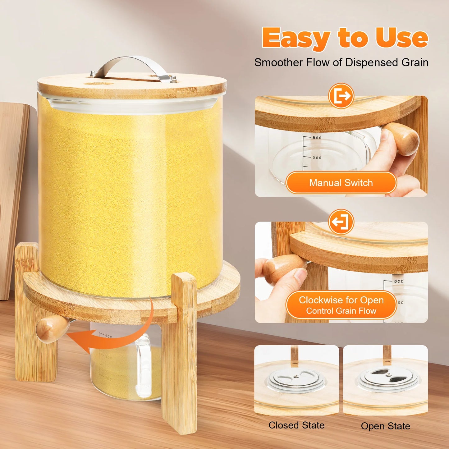 5L Clear Glass Cereal Dispenser, Cereal Storage Containers with Sealed Bamboo Lid for Rice Nuts Coffee Beans