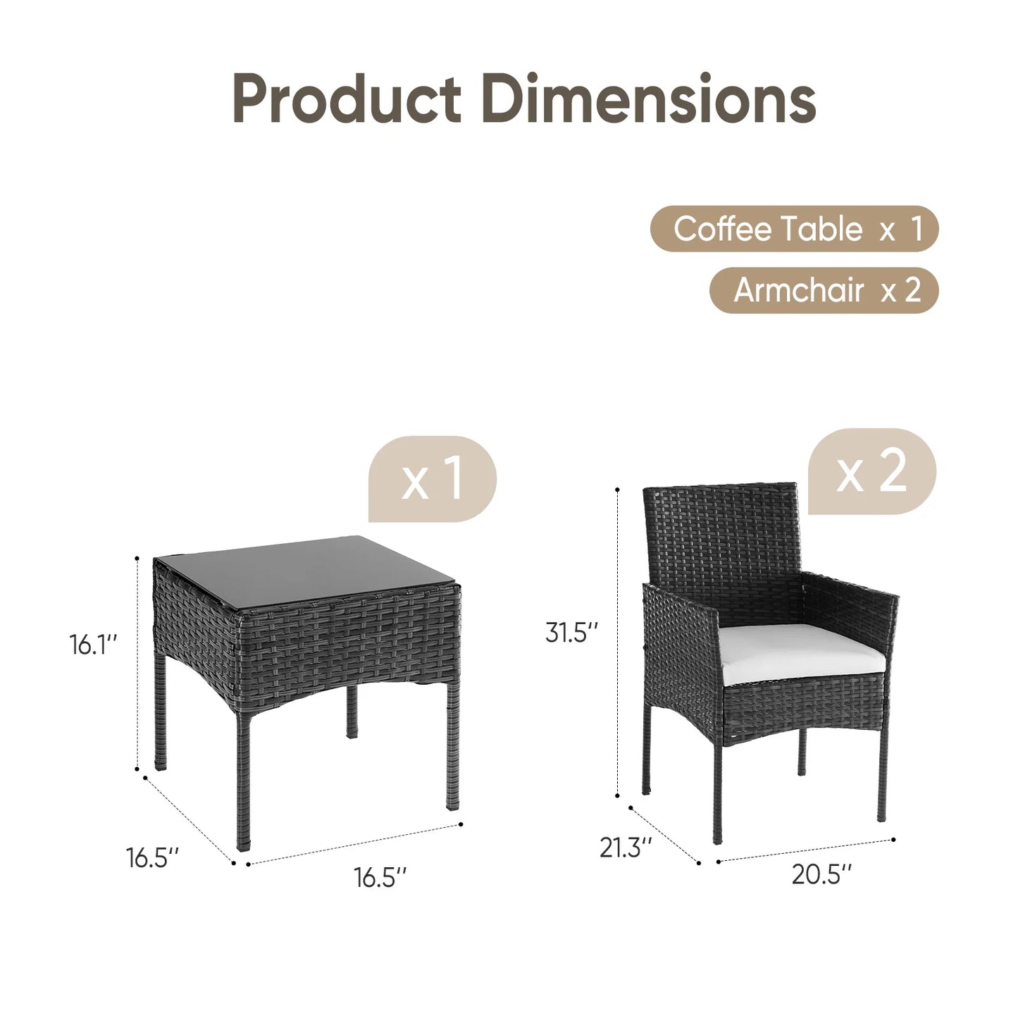 JHK Outdoor Wicker Bistro Set With Glass Table And Cushions