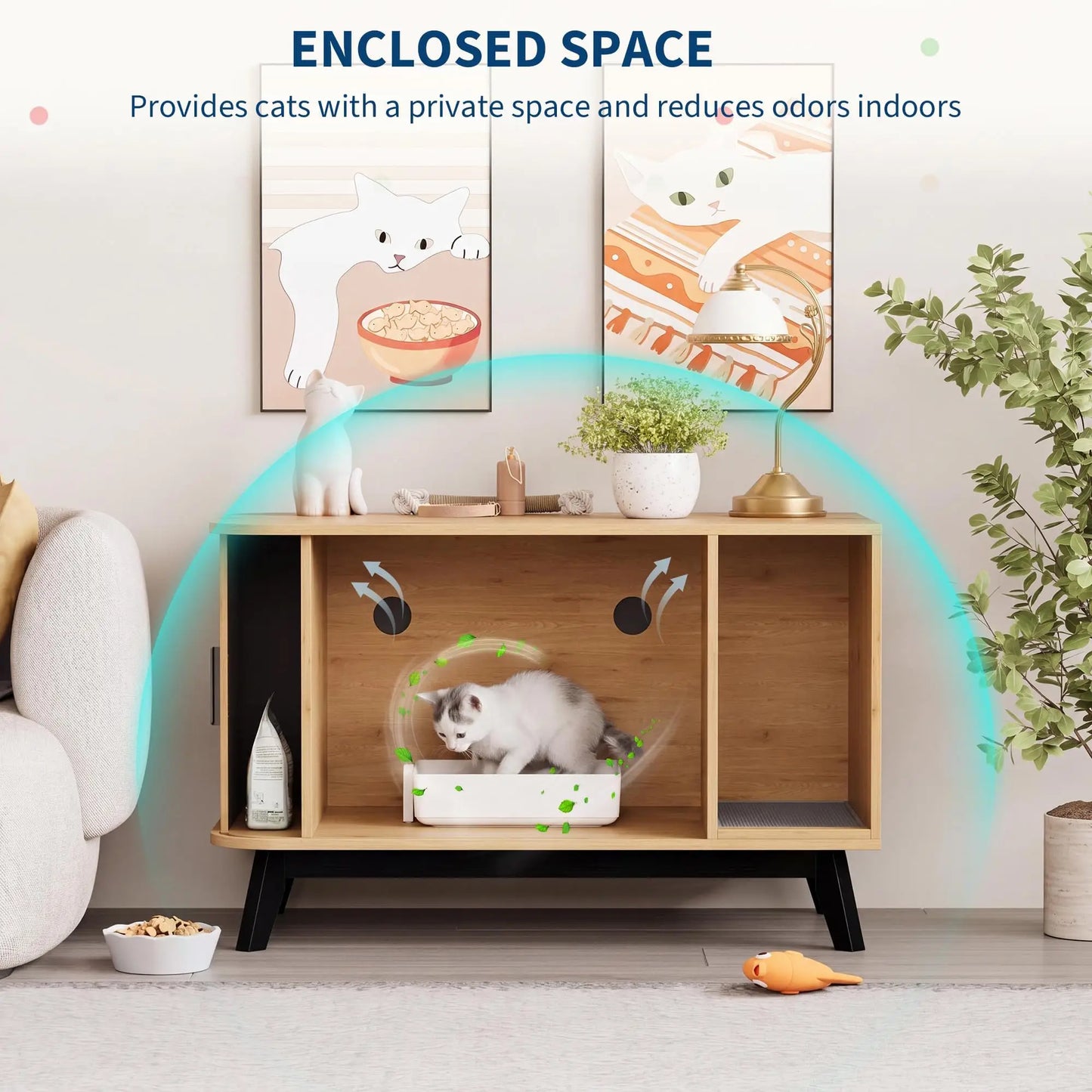 Hidden Litter Enclosure With Ventilated Sliding Door And Storage Cabinet