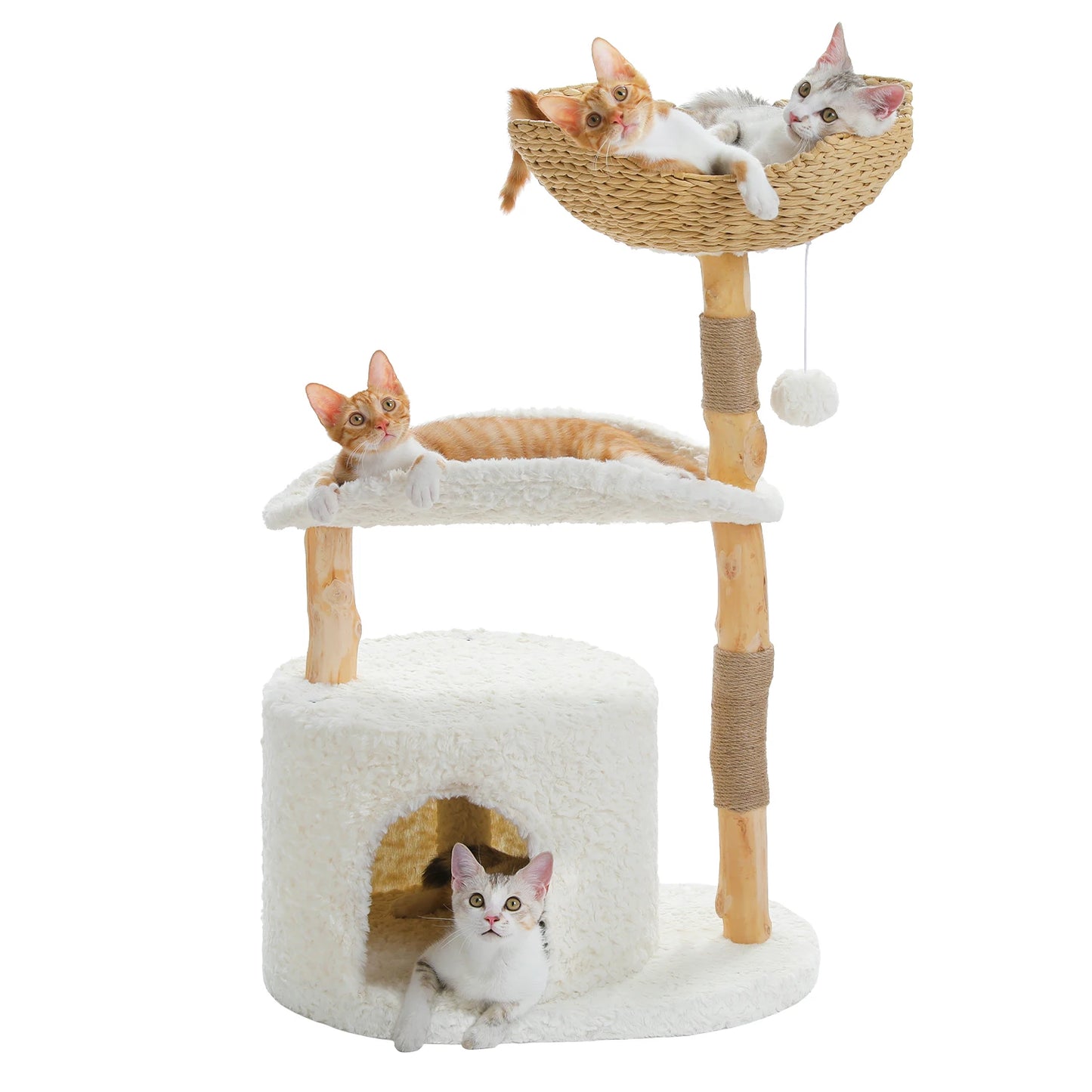 PAWZ Road Modern Wooden Cat Tree Tower With Wicker Basket