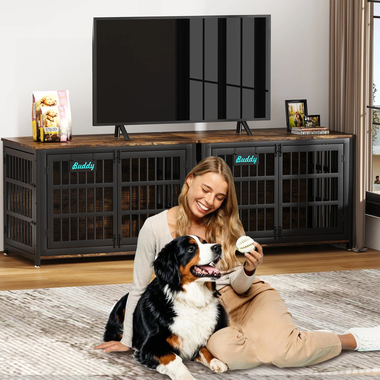 Heavy Duty Wooden Dog Crate Furniture Indoor Kennel With Casters
