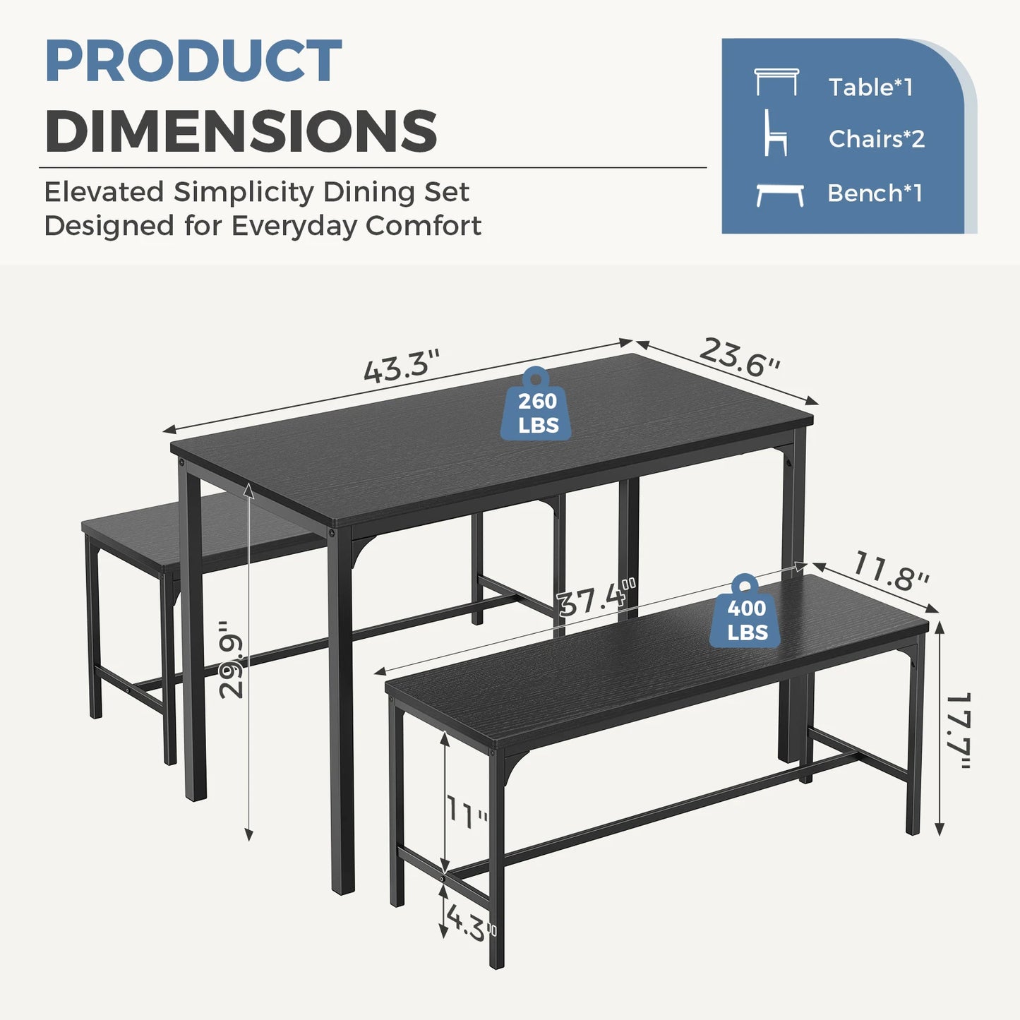JHK 3Pcs Table and Chair Set Wooden Desktop with Metal Frame for Easy Storage Space-Saving Ideal 4-Person Set for Living Room Kitchen Apartment Corner