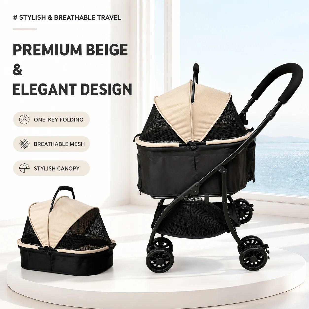 Lightweight 2-In-1 Pet Stroller With Removable Carrier For Pets