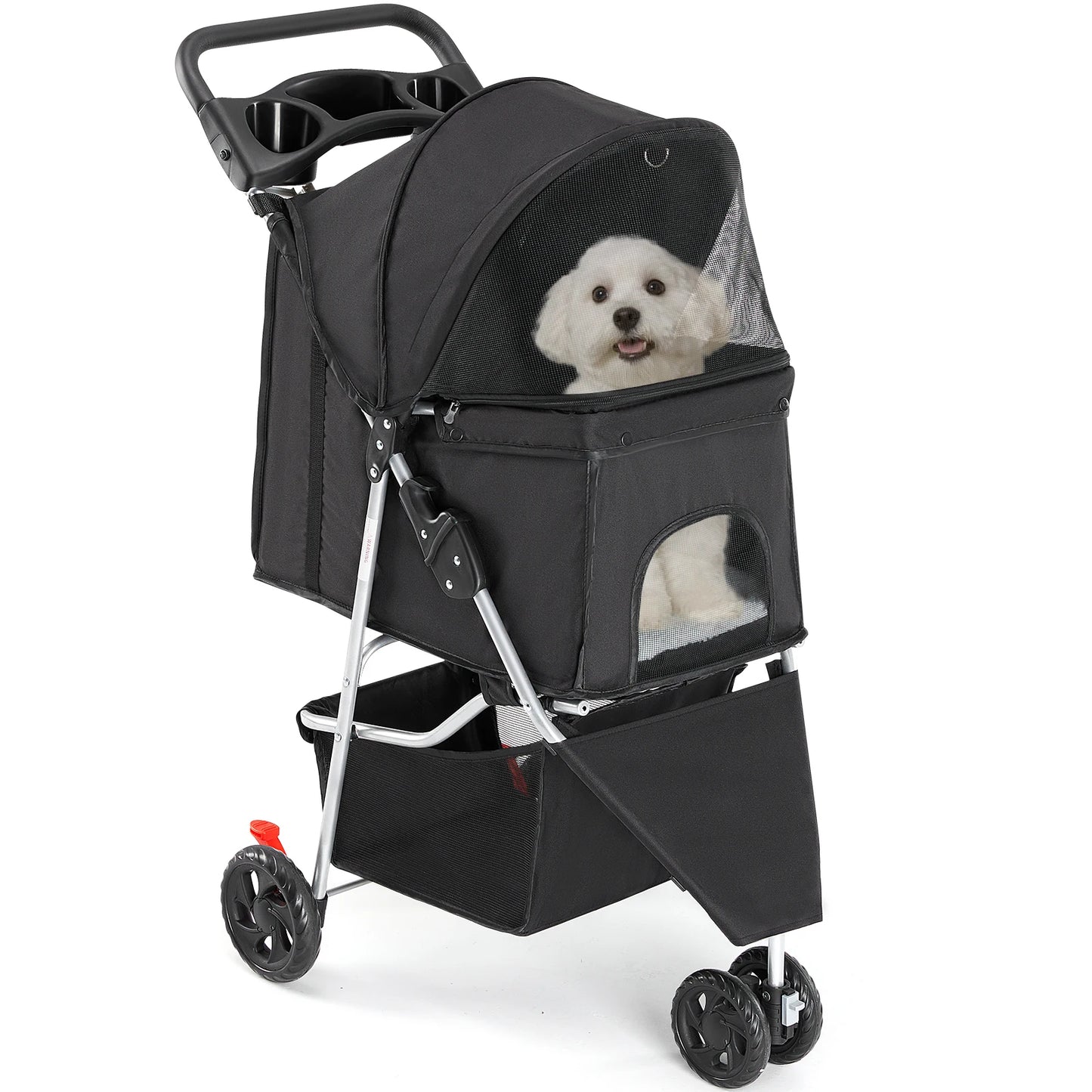 JHK Foldable 3 Wheel Pet Stroller With Basket For Dogs
