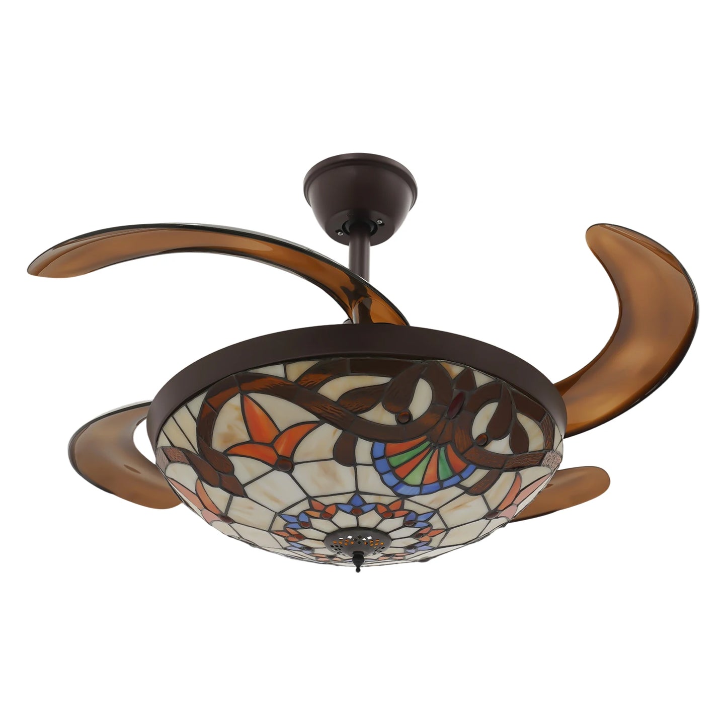 Ceiling Fan, 42 Inch Ceiling Fans, Fan Chandelier, Tiffany Style LED Ceiling Fan Light, Remote Control, 3-Color Dimmable, 6 Speeds, Reversible Quiet Pure Copper Motor, ABS Blades, Brown, Adjustable Rod, Home Living Room Bedro