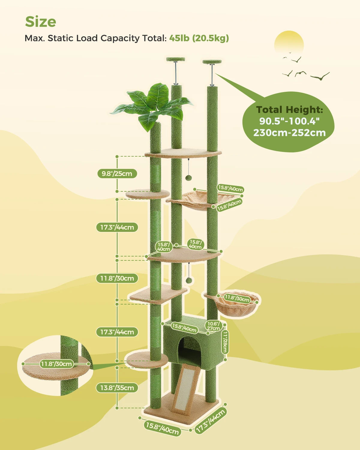 Pequlti Comfortable Cat Tower With Hammock And Sisal Scratching Posts