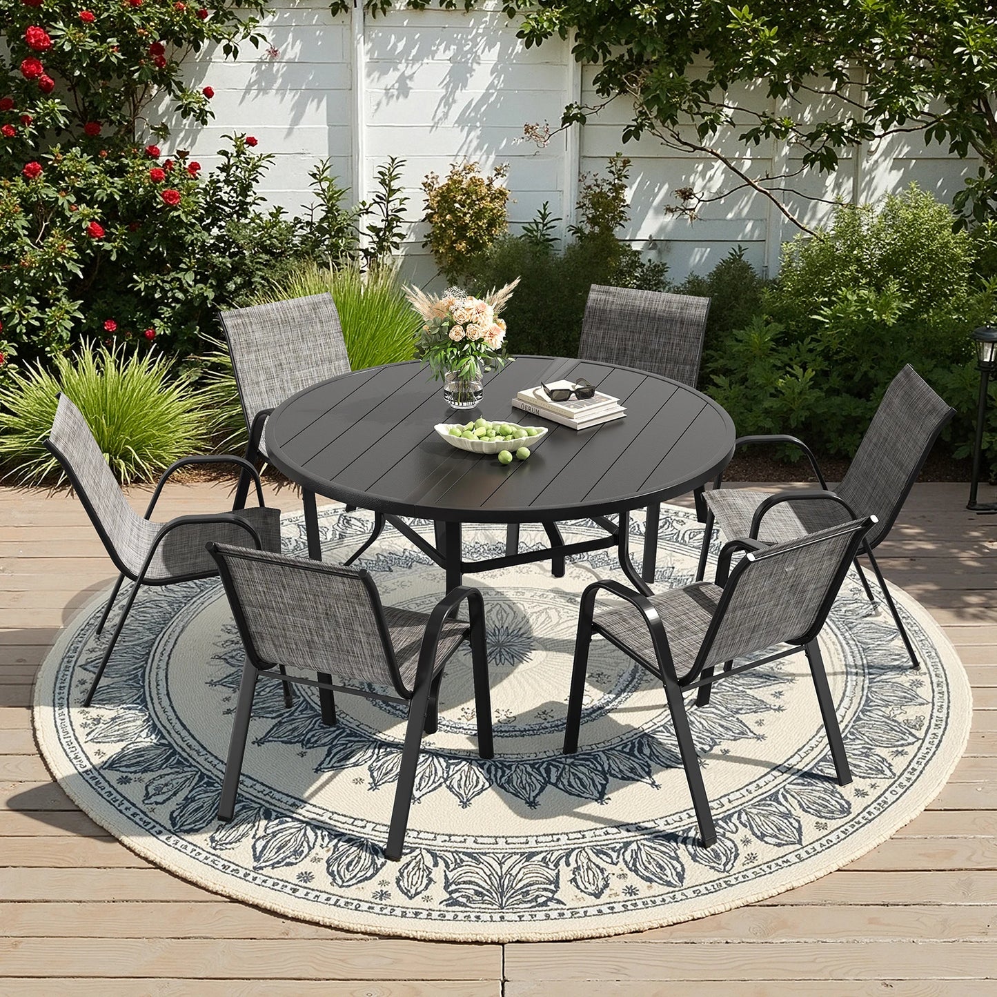 Seven Piece Metal Round Outdoor Dining Set For Patios